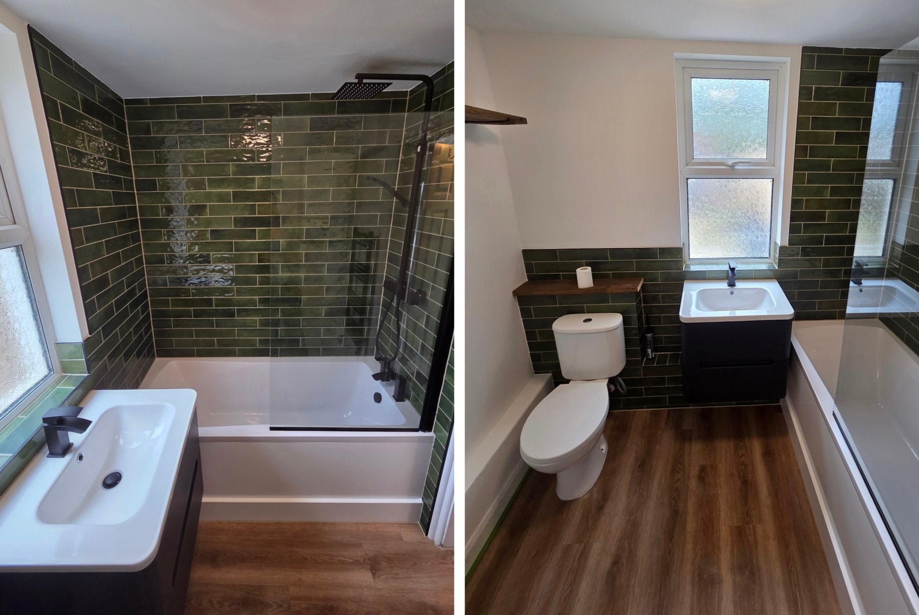 Refurbished bathroom with deep green tiled walls around the bath and shower, a dark vanity unit and warm wood-effect flooring.