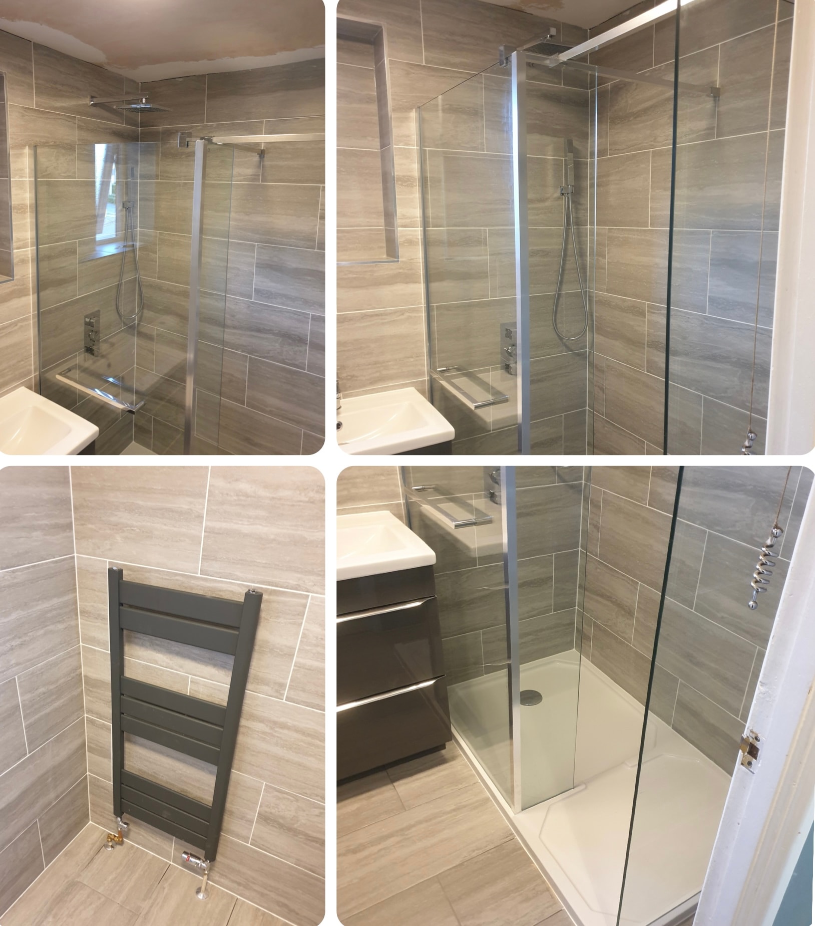 Bathroom refurbishment with the old fittings removed, plumbing updated and repositioned, and a new walk-in shower installed. Grey wall and floor tiling gives the room a clean, consistent finish.