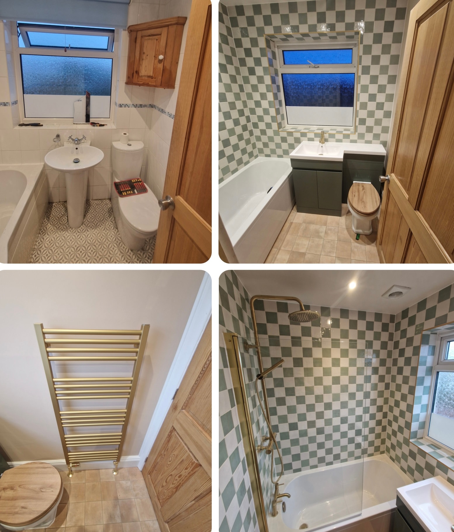 Before and after: the original bathroom was refurbished with a new bath, vanity unit and shower. Checkerboard tiles and a brass towel rail give the updated space its character.