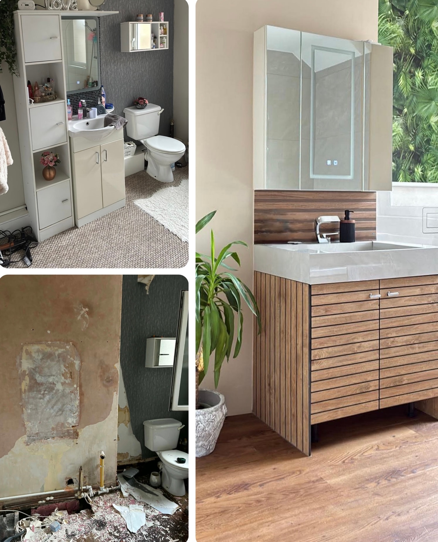 Before, during and after: a bathroom refurbishment featuring a custom-made mitred sink and wood-fronted vanity unit.