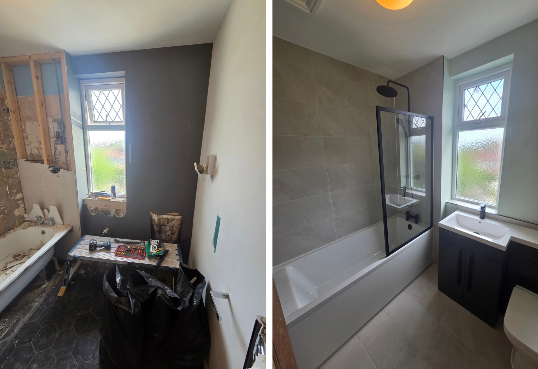 During the rip-out and after refurbishment: a new bath with black shower screen, wall-mounted shower and vanity unit gives this bathroom a fresh, practical layout.