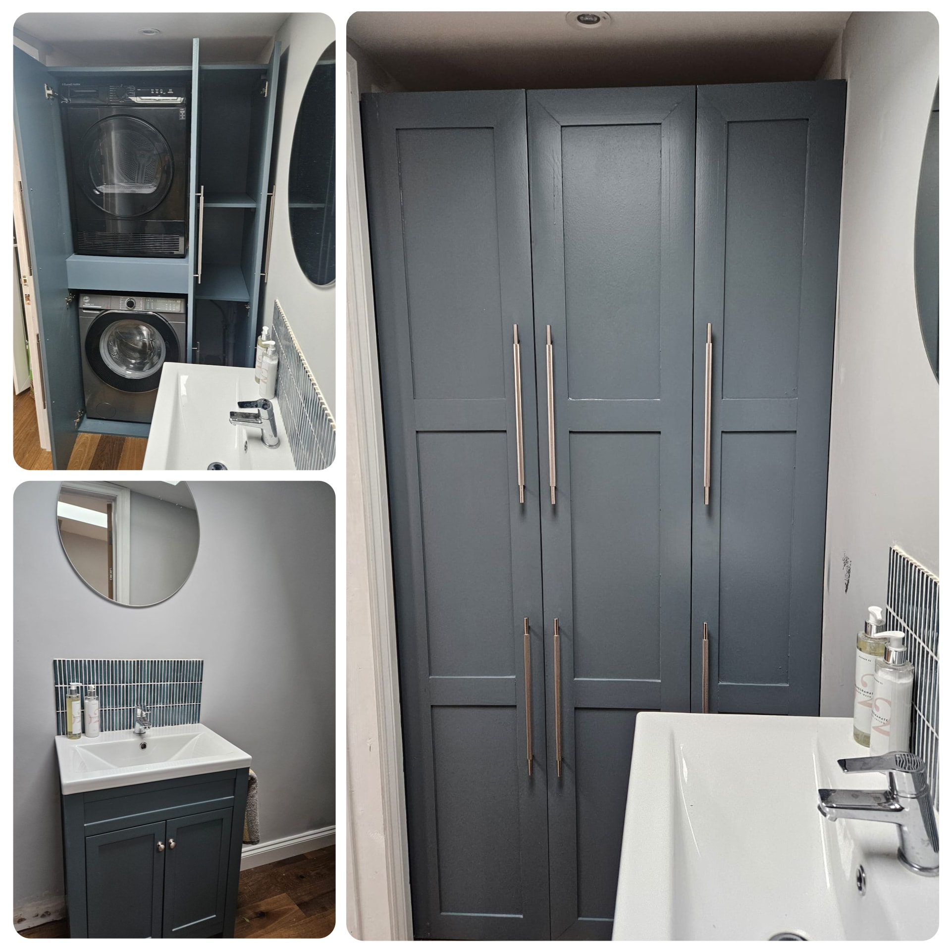 Custom-built cabinetry conceals the washer and dryer in this cloakroom, with a basin and extra storage fitted alongside.