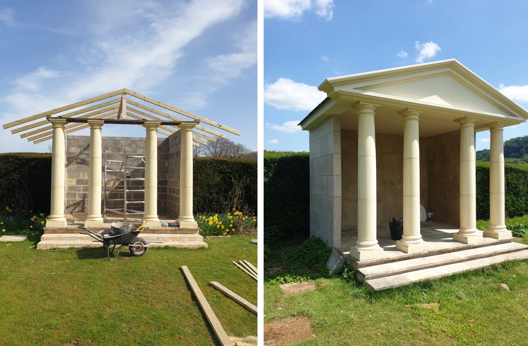 Custom-built garden pavilion with a pitched roof, classical columns and a raised entrance, shown during construction and after completion.