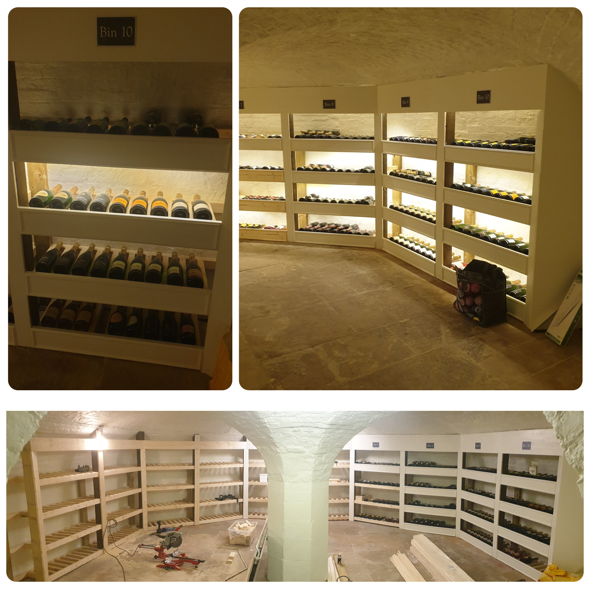 Custom-built wine cellar with fitted bottle shelving and integrated lighting, designed to make the most of the space.