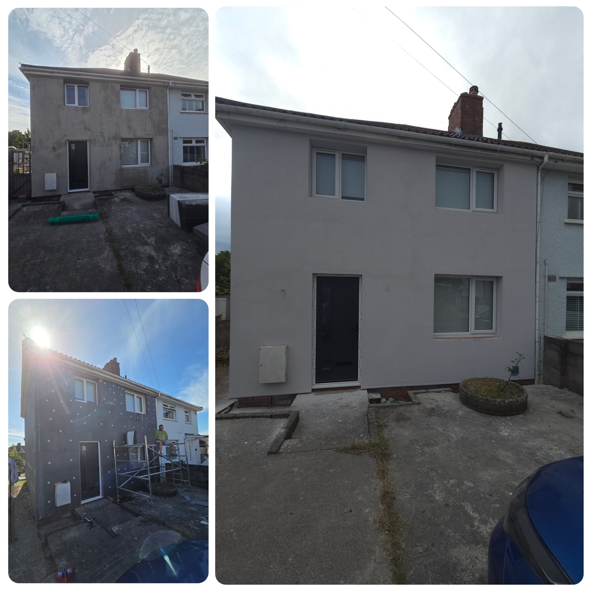 External wall insulation and rendering gave the rear of this home a fresh finish, with a new front door fitted as part of the renovation. The photos show the work before, during and after.