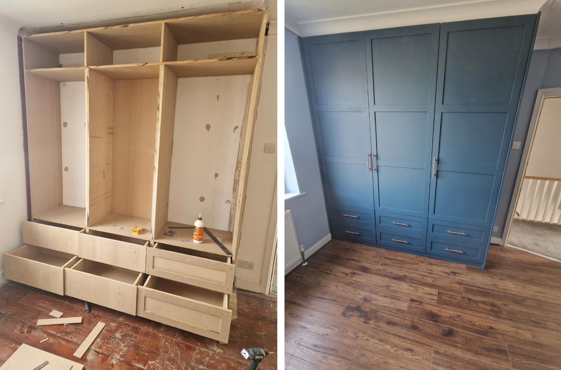 Custom built bedroom wardrobes with drawers, finished alongside new wood effect flooring.