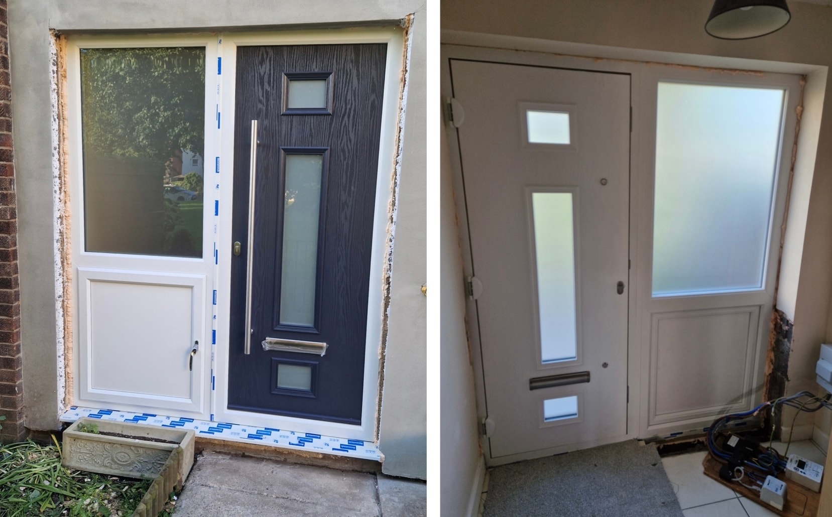 New front door installation, shown from outside and inside, with glazed panels and a matching side window.