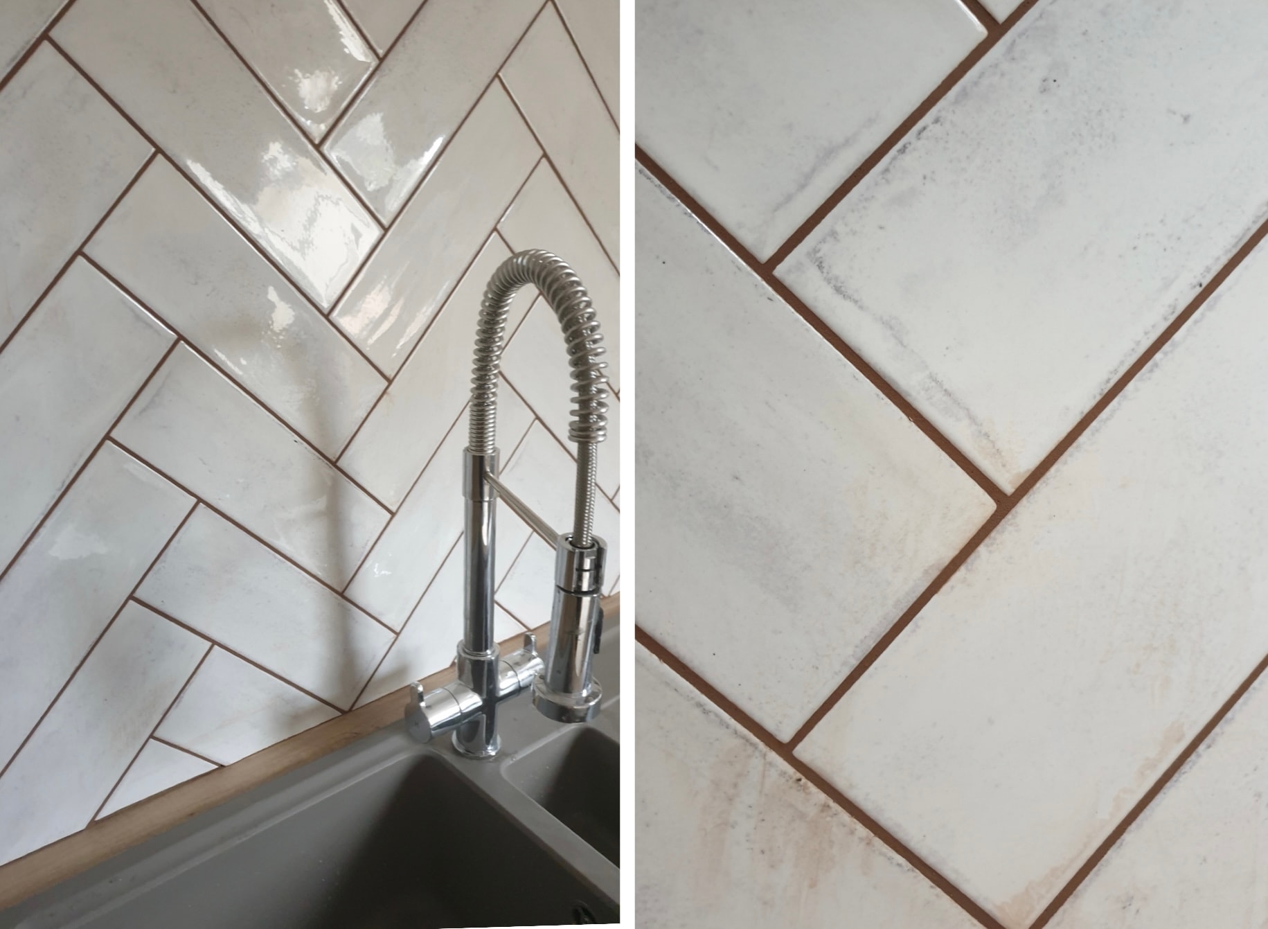 Herringbone kitchen splashback with neatly aligned white tiles and contrasting dark grout, shown alongside a close-up of the tile detail.