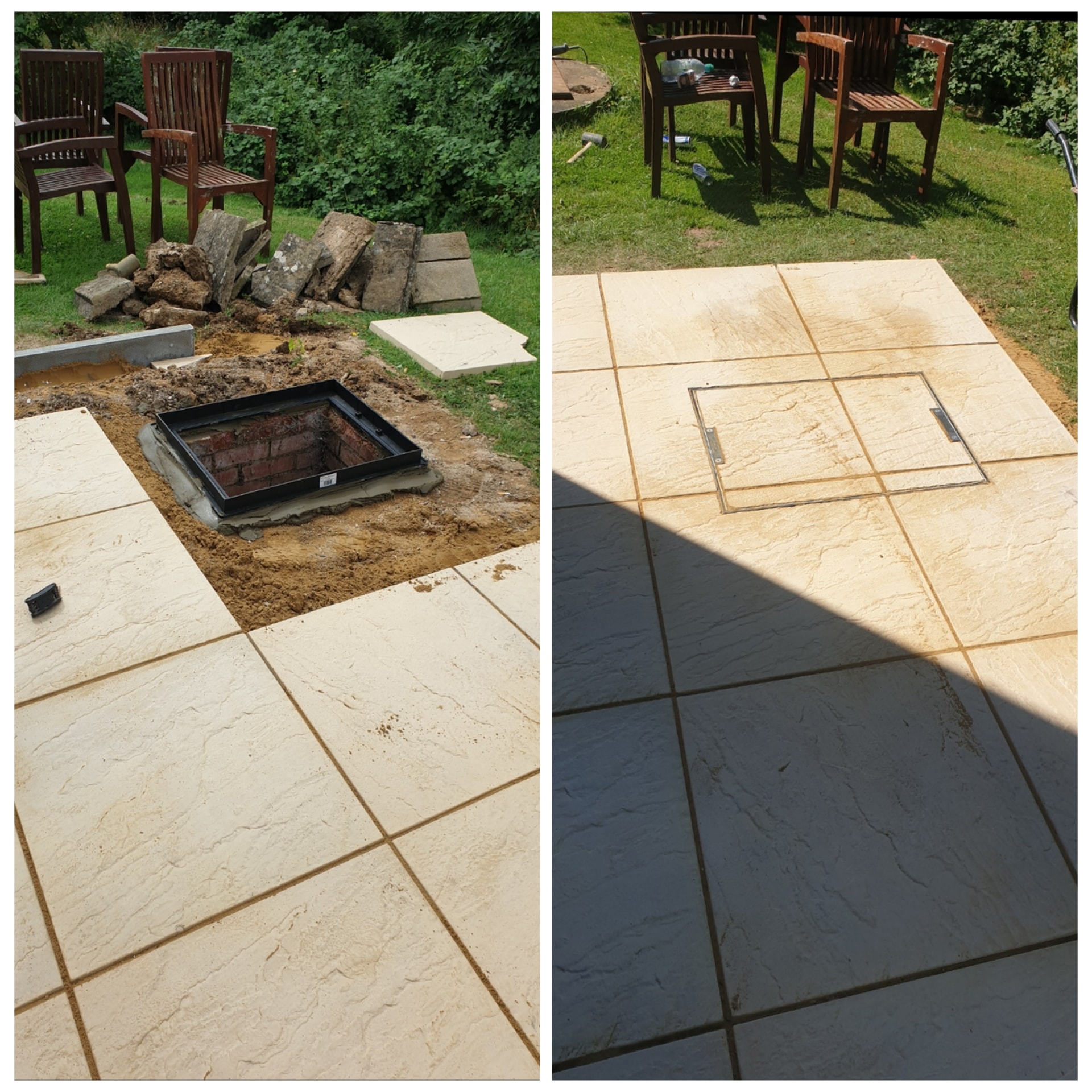 Patio paving before and after installation of a discreet access hatch, finished to sit flush with the surrounding slabs.